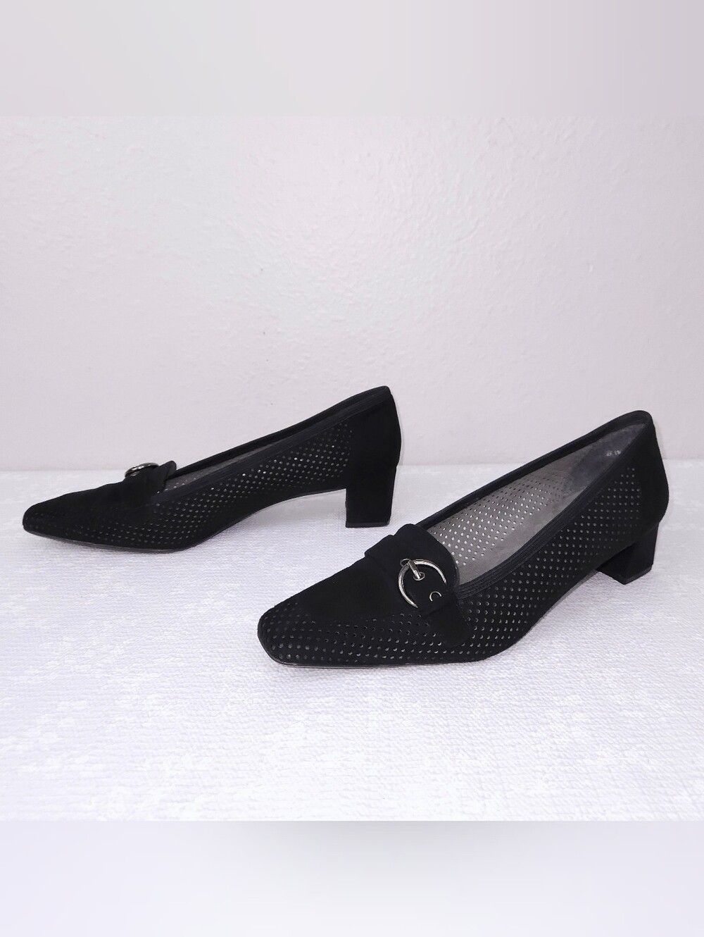 Stuart Weitzman Perforated Pumps US 8.5 Black Suede Square Toe Buckle Heels